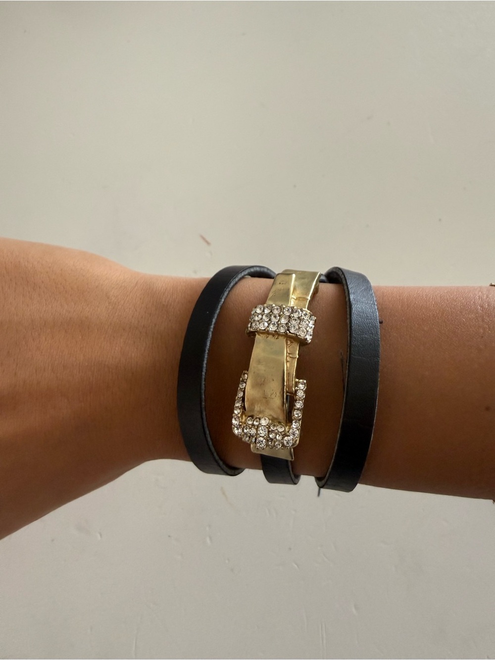 Gold Crystal Buckle Wrap Bracelet with Black Leather Straps